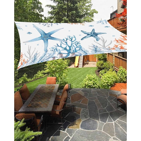 Sun Shade Sail 8'x10' Blue Starfish Rectangle Sun Shade Sails Canopy Waterproof Cora Marine Life Fish Seagrass Outdoor Sunshades Sand UV Block Cover Shades Cloth for Patio Backyard Garden Deck Porch