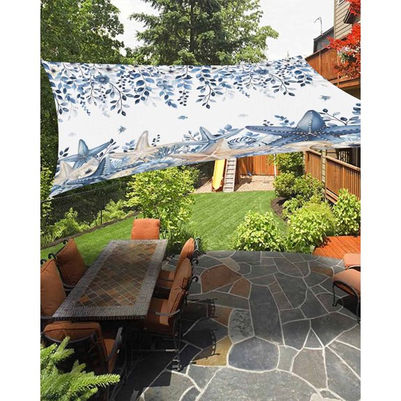 Sun Shade Sail 8'x10' Blue Starfish Rectangle Sun Shade Sails Canopy Waterproof Shell Conch Eucalyptus Leaves Outdoor Sunshades Sand UV Block Cover Shades Cloth for Patio Backyard Garden Deck Porch