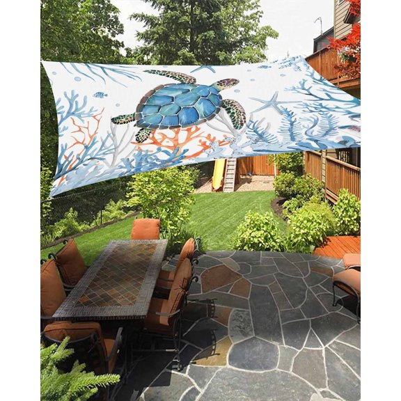 Sun Shade Sail 8'x10' Blue Turtle Rectangle Sun Shade Sails Canopy Waterproof Cora Marine Life Fish Seagrass Outdoor Sunshades Sand UV Block Cover Shades Cloth for Patio Backyard Garden Deck Porch