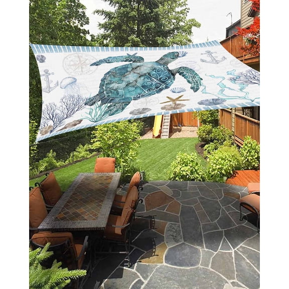 Sun Shade Sail 8'x10' Blue Turtle Rectangle Sun Shade Sails Canopy Waterproof Ocean Starfish Shell Seagrass Anchor Outdoor Sunshades Sand UV Block Cover Shades Cloth for Patio Backyard Garden Deck