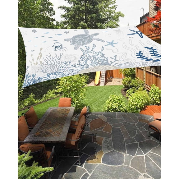 Sun Shade Sail 8'x10' Blue Turtle Shell Rectangle Sun Shade Sails Canopy Waterproof Coral Conch Seaweed Starfish Outdoor Sunshades Sand UV Block Cover Shades Cloth for Patio Backyard Garden Deck