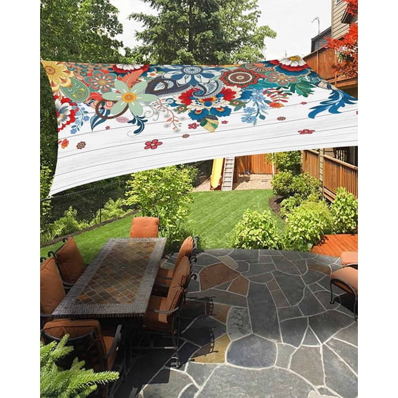 Sun Shade Sail 8'x10' Boho Floral Rectangle Sun Shade Sails Canopy Waterproof Abstract Bohemian Bloom Wood Grain Outdoor Sunshades Sand UV Block Cover Shades Cloth for Patio Backyard Garden Deck
