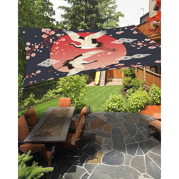 Sun Shade Sail 8'x10' Cherry Blossom Crane Rectangle Sun Shade Sails Canopy Waterproof Japanese Style Cloud Black Outdoor Sunshades Sand UV Block Cover Shades Cloth for Patio Backyard Garden Deck