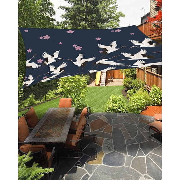 Sun Shade Sail 8'x10' Cherry Blossom Crane Rectangle Sun Shade Sails Canopy Waterproof Japanese Style Navy Blue Outdoor Sunshades Sand UV Block Cover Shades Cloth for Patio Backyard Garden Deck