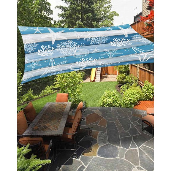 Sun Shade Sail 8'x10' Coral Starfish Rectangle Sun Shade Sails Canopy Waterproof Ocean Shell Marine Life Blue Wood Outdoor Sunshades Sand UV Block Cover Shades Cloth for Patio Backyard Garden Deck