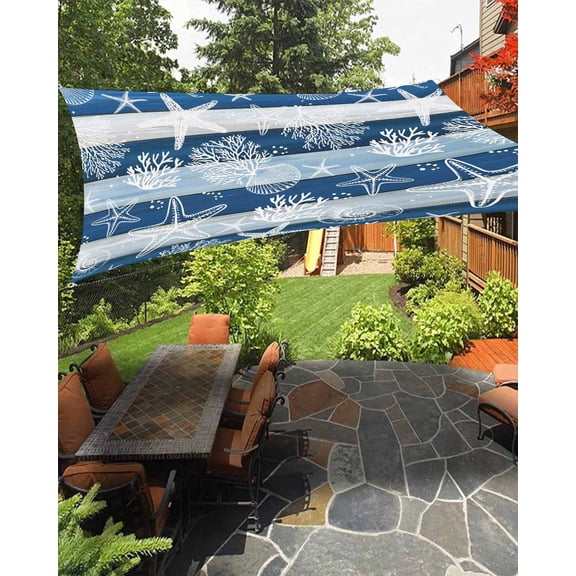 Sun Shade Sail 8'x10' Coral Starfish Rectangle Sun Shade Sails Canopy Waterproof Ocean Shell Marine Life Navy Blue Wood Outdoor Sunshades Sand UV Block Cover Shades Cloth for Patio Backyard Deck