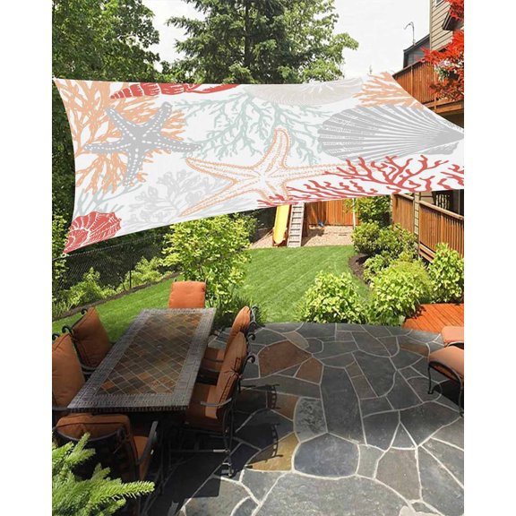 Sun Shade Sail 8'x10' Coral Starfish Rectangle Sun Shade Sails Canopy Waterproof Orange Red Coastal Shell Conch Outdoor Sunshades Sand UV Block Cover Shades Cloth for Patio Backyard Garden Deck