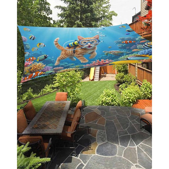 Sun Shade Sail 8'x10' Diving Cat Rectangle Sun Shade Sails Canopy Waterproof Funny Animal Fish Coral Seafloor Outdoor Sunshades Sand UV Block Cover Shades Cloth for Patio Backyard Garden Deck Porch