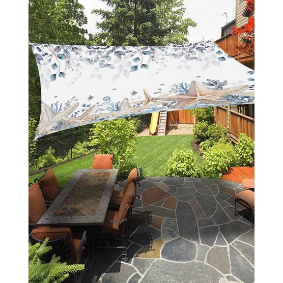 Sun Shade Sail 8'x10' Floral Starfish Rectangle Sun Shade Sails Canopy Waterproof Shell Conch Berry Eucalyptus Leaves Outdoor Sunshades Sand UV Block Cover Shades Cloth for Patio Backyard Deck