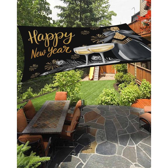 Sun Shade Sail 8'x10' Happy New Year Rectangle Sun Shade Sails Canopy Waterproof Champagne Cup Gold Fireworks Outdoor Sunshades Sand UV Block Cover Shades Cloth for Patio Backyard Garden Deck Porch