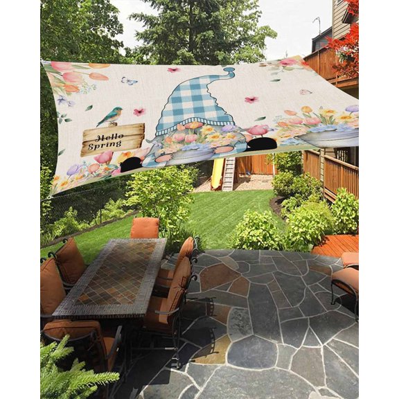 Sun Shade Sail 8'x10' Hello Spring Gnome Rectangle Sun Shade Sails Canopy Waterproof Tulip Floral Bird Butterfly Outdoor Sunshades Sand UV Block Cover Shades Cloth for Patio Backyard Garden Deck