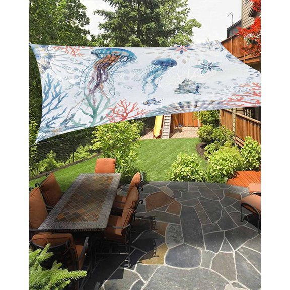 Sun Shade Sail 8'x10' Jellyfish Rectangle Sun Shade Sails Canopy Waterproof Shell Coral Fish Marine Life Outdoor Sunshades Sand UV Block Cover Shades Cloth for Patio Backyard Garden Deck Porch Lawn