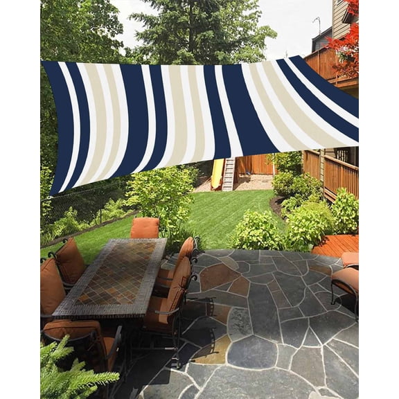 Sun Shade Sail 8'x10' Khaki Striped Rectangle Sun Shade Sails Canopy Waterproof Navy Blue Vertical Stripes Outdoor Sunshades Sand UV Block Cover Shades Cloth for Patio Backyard Garden Deck Porch