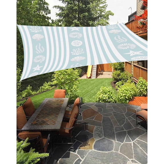 Sun Shade Sail 8'x10' Light Blue Stripes Shell Rectangle Sun Shade Sails Canopy Waterproof Ocean Starfish Jellyfish Coral Outdoor Sunshades Sand UV Block Cover Shades Cloth for Patio Backyard Deck