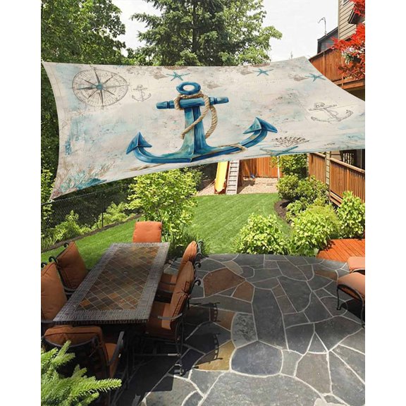 Sun Shade Sail 8'x10' Nautical Anchor Rectangle Sun Shade Sails Canopy Waterproof Ocean Navies Starfish Coral Shell Outdoor Sunshades Sand UV Block Cover Shades Cloth for Patio Backyard Garden Deck