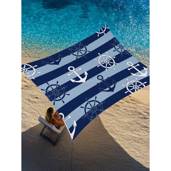 Sun Shade Sail 8'x10' Nautical Ship Anchors Rectangle Sun Shade Sails Canopy Waterproof Navy Blue Horizontal Stripes Outdoor Sunshades Sand UV Block Cover Shades Cloth for Patio Backyard Deck Porch