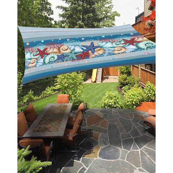Sun Shade Sail 8'x10' Ocean Coral Starfish Conch Rectangle Sun Shade Sails Canopy Waterproof Beach Marine Life Wood Grain Outdoor Sunshades Sand UV Block Cover Shades Cloth for Patio Backyard Deck
