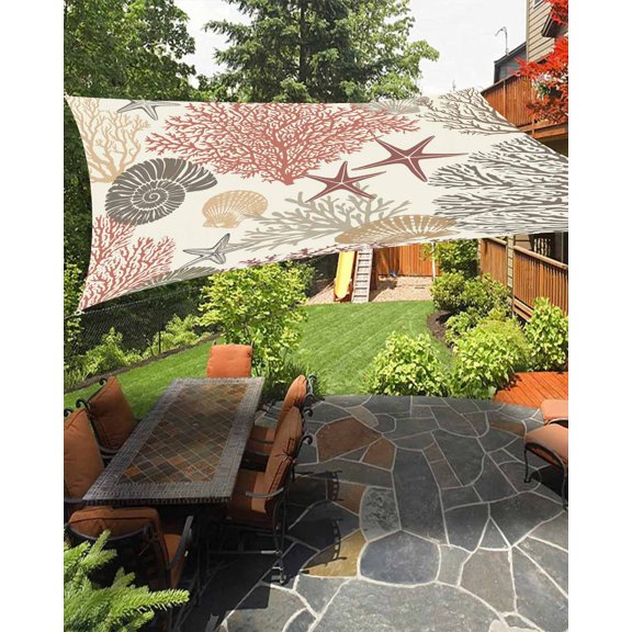 Sun Shade Sail 8'x10' Ocean Coral Starfish Rectangle Sun Shade Sails Canopy Waterproof Red Nautical Coastal Shell Outdoor Sunshades Sand UV Block Cover Shades Cloth for Patio Backyard Garden Deck