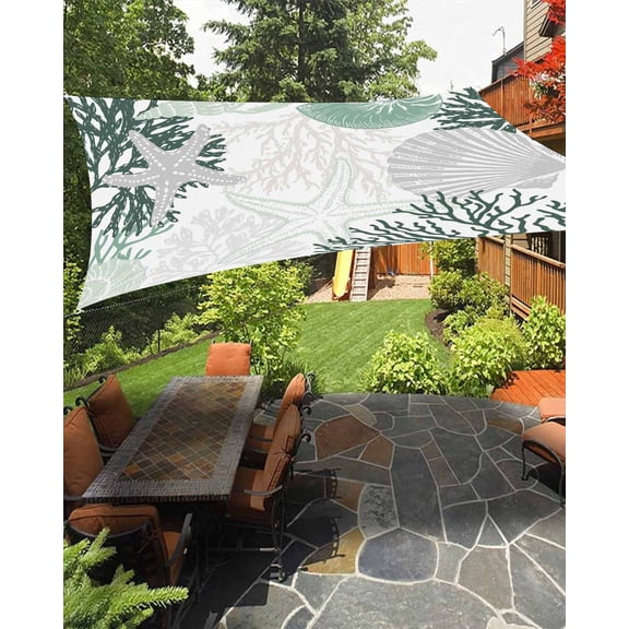 Sun Shade Sail 8'x10' Ocean Coral Starfish Rectangle Sun Shade Sails Canopy Waterproof Sage Green Coastal Shell Conch Outdoor Sunshades Sand UV Block Cover Shades Cloth for Patio Backyard Deck