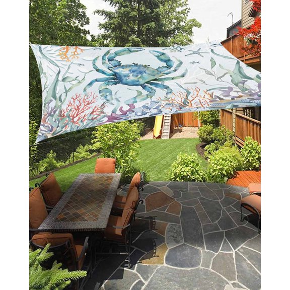 Sun Shade Sail 8'x10' Ocean Crab Rectangle Sun Shade Sails Canopy Waterproof Blue Coral Nautical Starfish Jellyfish Outdoor Sunshades Sand UV Block Cover Shades Cloth for Patio Backyard Garden Deck
