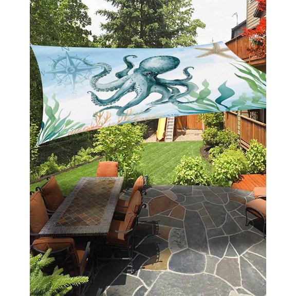 Sun Shade Sail 8'x10' Octopus Rectangle Sun Shade Sails Canopy Waterproof Compass Starfish Coral Marine Life Outdoor Sunshades Sand UV Block Cover Shades Cloth for Patio Backyard Garden Deck Porch