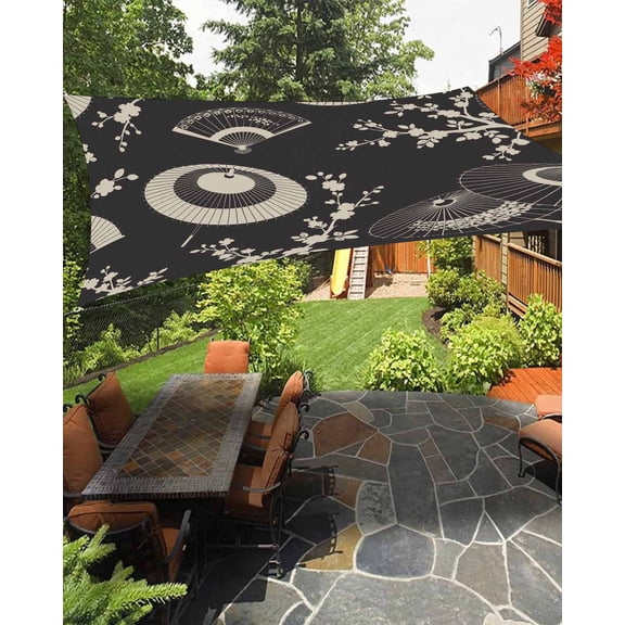 Sun Shade Sail 8'x10' Paper Fan Rectangle Sun Shade Sails Canopy Waterproof Cherry Blossom Branch Japanese Style Black Outdoor Sunshades Sand UV Block Cover Shades Cloth for Patio Backyard Deck
