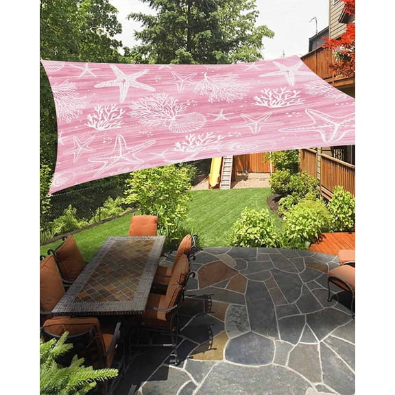 Sun Shade Sail 8'x10' Pink Coral Shell Starfish Rectangle Sun Shade Sails Canopy Waterproof Grey Summer Ocean Conch Outdoor Sunshades Sand UV Block Cover Shades Cloth for Patio Backyard Garden Deck