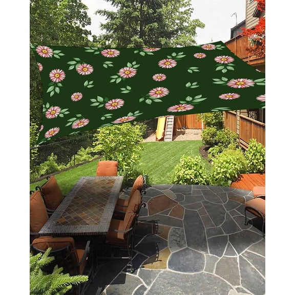 Sun Shade Sail 8'x10' Pink Daisies Flowers Rectangle Sun Shade Sails Canopy Waterproof Floral Leaf Green Outdoor Sunshades Sand UV Block Cover Shades Cloth for Patio Backyard Garden Deck Porch Lawn