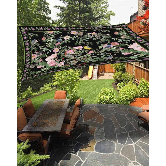 Sun Shade Sail 8'x10' Pink Floral Bird Rectangle Sun Shade Sails Canopy Waterproof Green Leaves Branches Black Outdoor Sunshades Sand UV Block Cover Shades Cloth for Patio Backyard Garden Deck Porch