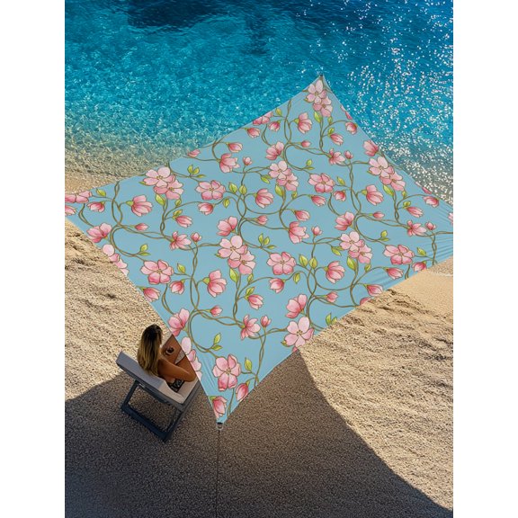 Sun Shade Sail 8'x10' Pink Floral Vines Rectangle Sun Shade Sails Canopy Waterproof Buds Bloom Petals Blue Outdoor Sunshades Sand UV Block Cover Shades Cloth for Patio Backyard Deck Porch Lawn