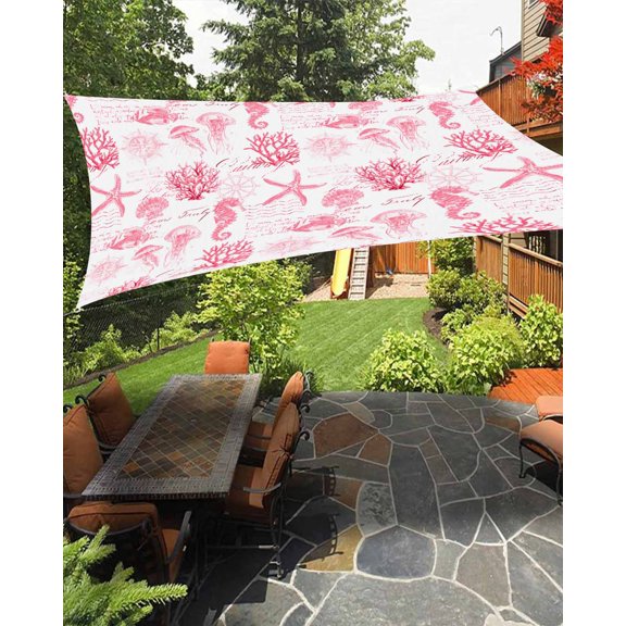 Sun Shade Sail 8'x10' Pink Jellyfish Rectangle Sun Shade Sails Canopy Waterproof Coral Starfish Seahorse Outdoor Sunshades Sand UV Block Cover Shades Cloth for Patio Backyard Garden Deck Porch Lawn