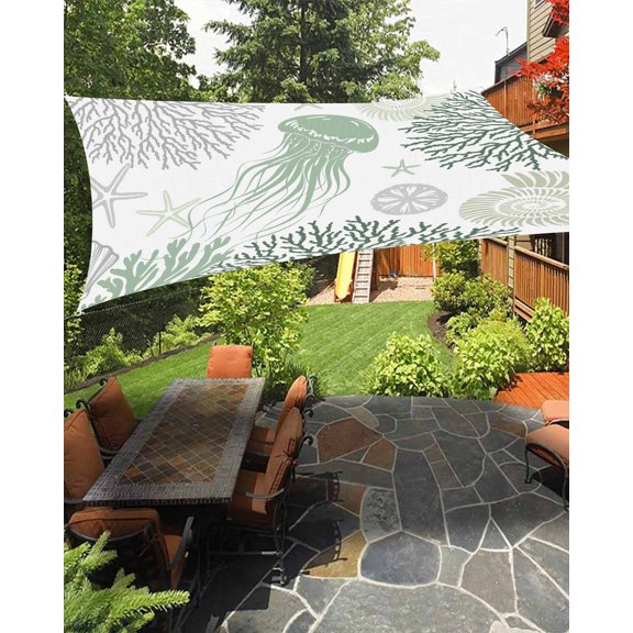Sun Shade Sail 8'x10' Sage Green Jellyfish Rectangle Sun Shade Sails Canopy Waterproof Coral Starfish Shell Outdoor Sunshades Sand UV Block Cover Shades Cloth for Patio Backyard Garden Deck Porch