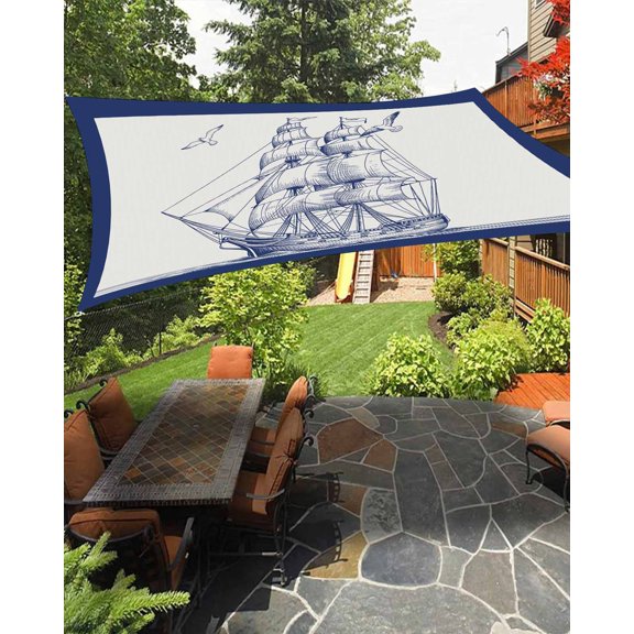 Sun Shade Sail 8'x10' Sailing Boat Seagull Rectangle Sun Shade Sails Canopy Waterproof Blue Ocean Navigation Outdoor Sunshades Sand UV Block Cover Shades Cloth for Patio Backyard Garden Deck Porch