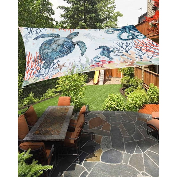Sun Shade Sail 8'x10' Sea Turtle Octopus Rectangle Sun Shade Sails Canopy Waterproof Ocean Starfish Coral Seaweed Outdoor Sunshades Sand UV Block Cover Shades Cloth for Patio Backyard Garden Deck