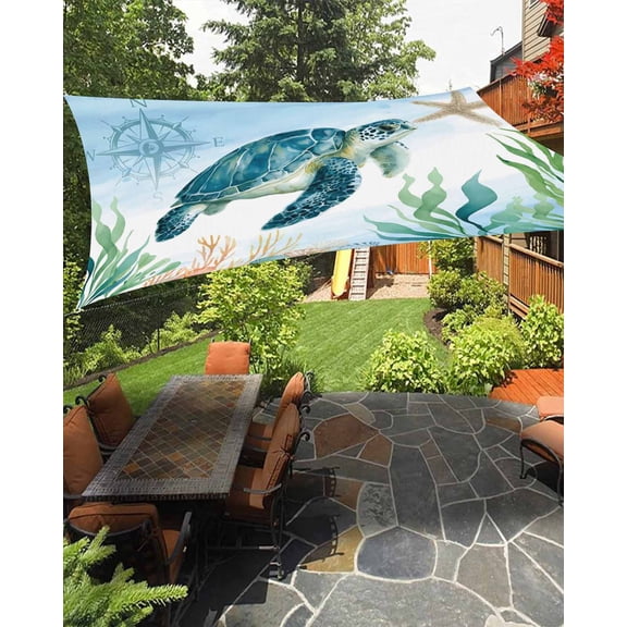 Sun Shade Sail 8'x10' Sea Turtle Rectangle Sun Shade Sails Canopy Waterproof Compass Starfish Coral Marine Life Outdoor Sunshades Sand UV Block Cover Shades Cloth for Patio Backyard Garden Deck