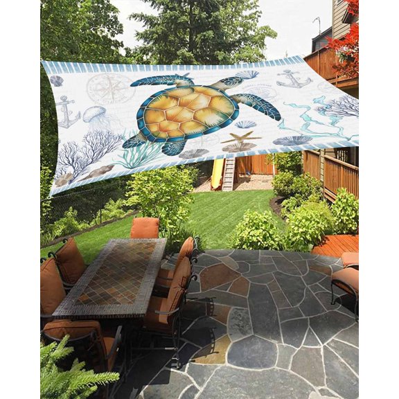 Sun Shade Sail 8'x10' Sea Turtle Rectangle Sun Shade Sails Canopy Waterproof Ocean Starfish Shell Seagrass Anchor Outdoor Sunshades Sand UV Block Cover Shades Cloth for Patio Backyard Garden Deck