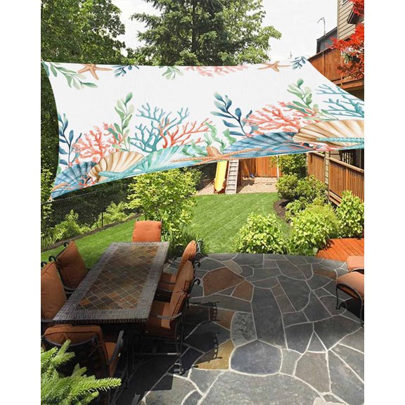 Sun Shade Sail 8'x10' Shell Starfish Rectangle Sun Shade Sails Canopy Waterproof Ocean Beach Coral Marine Life Outdoor Sunshades Sand UV Block Cover Shades Cloth for Patio Backyard Garden Deck Porch
