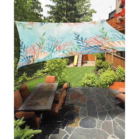 Sun Shade Sail 8'x10' Shell Starfish Rectangle Sun Shade Sails Canopy Waterproof Ocean Coral Marine Life Green Outdoor Sunshades Sand UV Block Cover Shades Cloth for Patio Backyard Garden Deck Porch