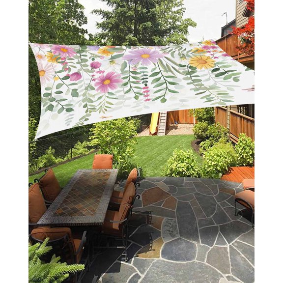 Sun Shade Sail 8'x10' Spring Floral Rectangle Sun Shade Sails Canopy Waterproof Daisy Eucalyptus Leaves Outdoor Sunshades Sand UV Block Cover Shades Cloth for Patio Backyard Garden Deck Porch Lawn