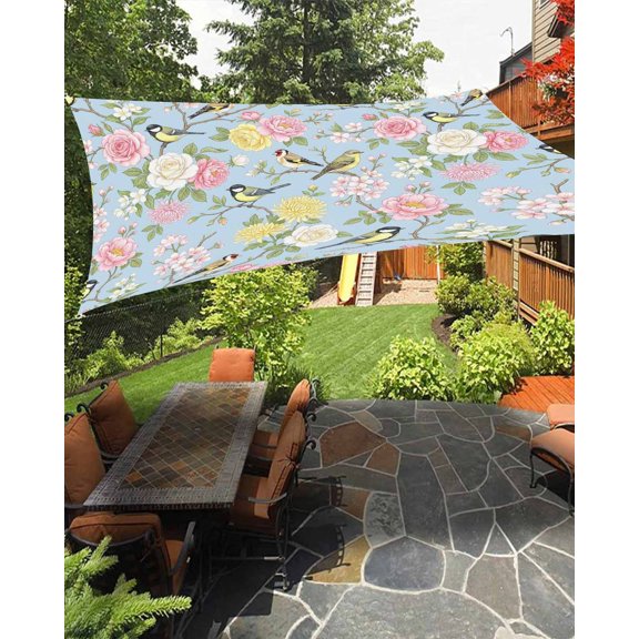 Sun Shade Sail 8'x10' Spring Flowers Bird Rectangle Sun Shade Sails Canopy Waterproof Blue Floral Branches Outdoor Sunshades Sand UV Block Cover Shades Cloth for Patio Backyard Garden Deck Porch