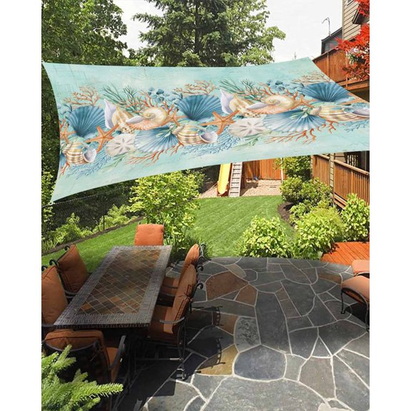 Sun Shade Sail 8'x10' Starfish Conch Shell Rectangle Sun Shade Sails Canopy Waterproof Ocean Coral Seagrass Teal Green Outdoor Sunshades Sand UV Block Cover Shades Cloth for Patio Backyard Deck