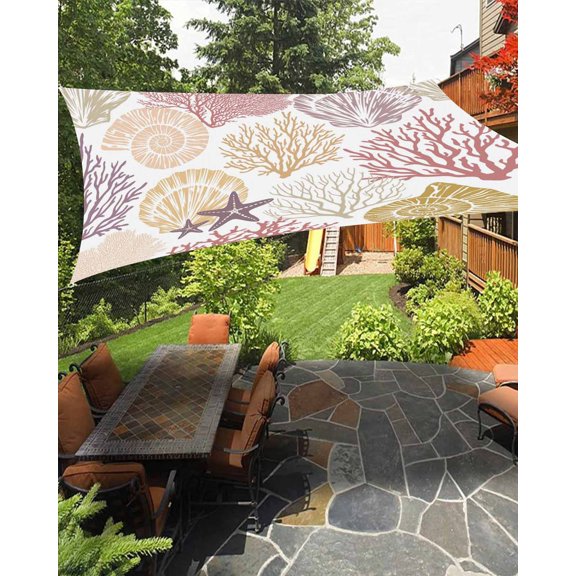 Sun Shade Sail 8'x10' Starfish Shell Coral Rectangle Sun Shade Sails Canopy Waterproof Yellow Ocean Marine Life Outdoor Sunshades Sand UV Block Cover Shades Cloth for Patio Backyard Garden Deck