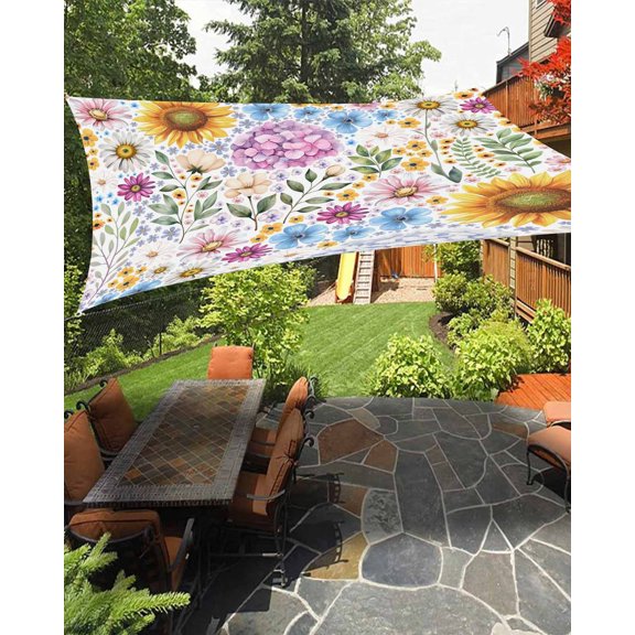 Sun Shade Sail 8'x10' Sunflowers Hydrangea Floral Rectangle Sun Shade Sails Canopy Waterproof Daisy Green Leaves Outdoor Sunshades Sand UV Block Cover Shades Cloth for Patio Backyard Garden Deck
