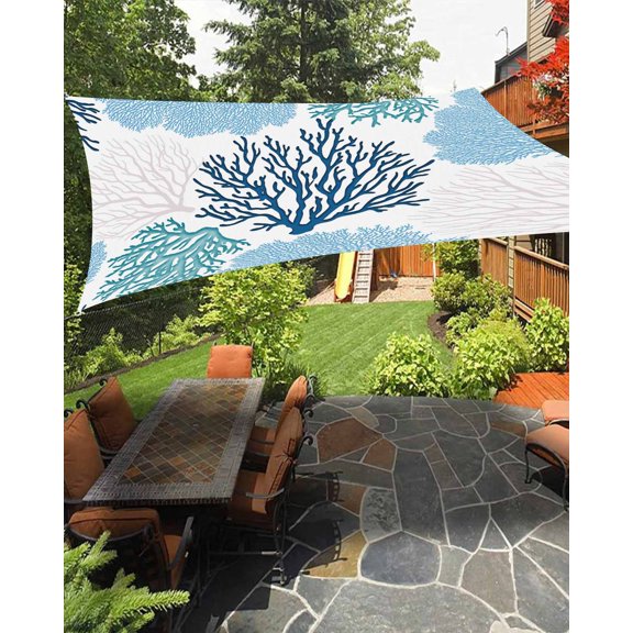 Sun Shade Sail 8'x10' Teal Blue Coral Rectangle Sun Shade Sails Canopy Waterproof Ocean Marine Life Outdoor Sunshades Sand UV Block Cover Shades Cloth for Patio Backyard Garden Deck Porch Lawn