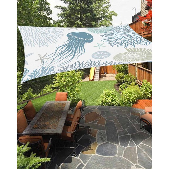 Sun Shade Sail 8'x10' Teal Blue Jellyfish Rectangle Sun Shade Sails Canopy Waterproof Coral Starfish Shell Outdoor Sunshades Sand UV Block Cover Shades Cloth for Patio Backyard Garden Deck Porch