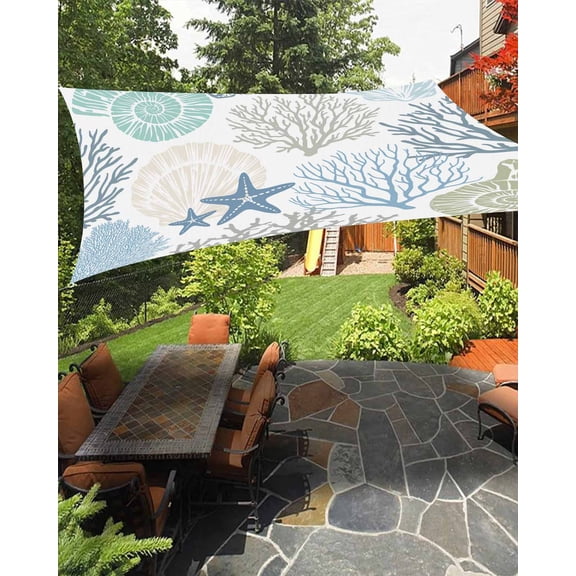 Sun Shade Sail 8'x10' Teal Blue Starfish Shell Rectangle Sun Shade Sails Canopy Waterproof Coastal Ocean Coral Outdoor Sunshades Sand UV Block Cover Shades Cloth for Patio Backyard Garden Deck Porch