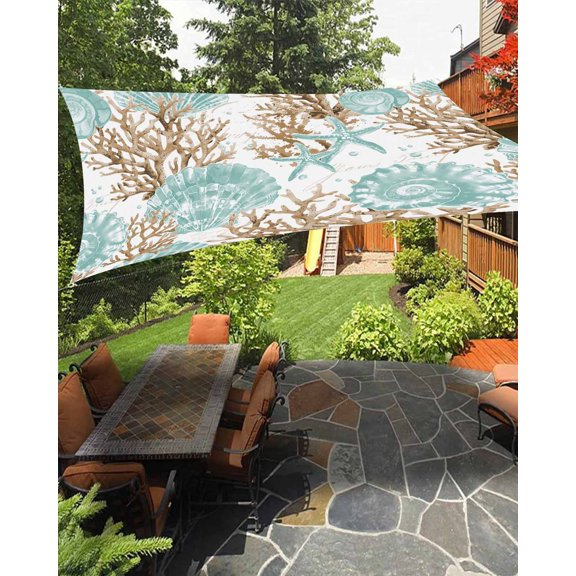 Sun Shade Sail 8'x10' Teal Brown Starfish Conch Rectangle Sun Shade Sails Canopy Waterproof Coral Shell Outdoor Sunshades Sand UV Block Cover Shades Cloth for Patio Backyard Garden Deck Porch Lawn