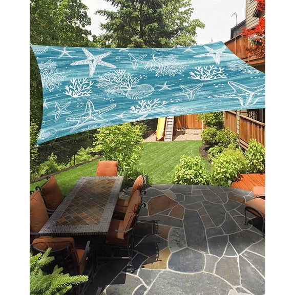 Sun Shade Sail 8'x10' Teal Green Coral Shell Starfish Rectangle Sun Shade Sails Canopy Waterproof Grey Summer Ocean Conch Outdoor Sunshades Sand UV Block Cover Shades Cloth for Patio Backyard Deck