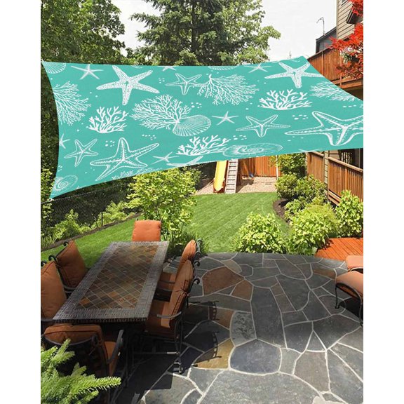 Sun Shade Sail 8'x10' Teal Green Coral Starfish Rectangle Sun Shade Sails Canopy Waterproof Ocean Shell Marine Life Outdoor Sunshades Sand UV Block Cover Shades Cloth for Patio Backyard Garden Deck