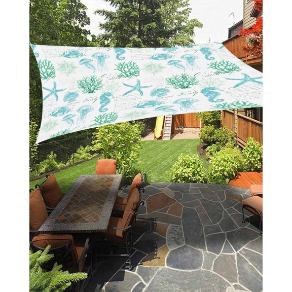 Sun Shade Sail 8'x10' Teal Green Jellyfish Rectangle Sun Shade Sails Canopy Waterproof Coral Starfish Seahorse Outdoor Sunshades Sand UV Block Cover Shades Cloth for Patio Backyard Garden Deck Porch